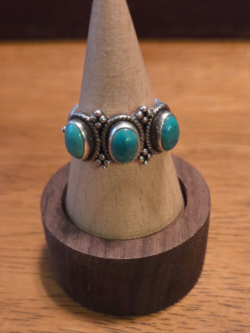 Greenish-blue Turquoise Triple Stone Sterling Silver Ring